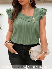 SHEIN Frenchy 大码女式纯色不对称领短袖纽扣设计休闲衬衫 - 綠色 - 查看 1