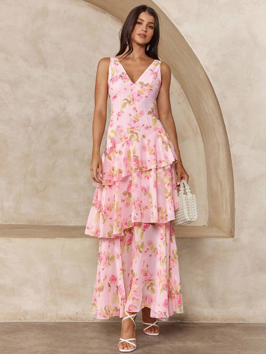 Enchnt Sexy Backless Deep V-Neck Sleeveless Bodycon Dress, Vacation Style - Pink - View 1