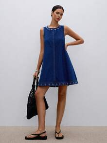 ATUI Studio Women's Round Neck Sleeveless Loose Fit Denim Dress - Blue - View 6