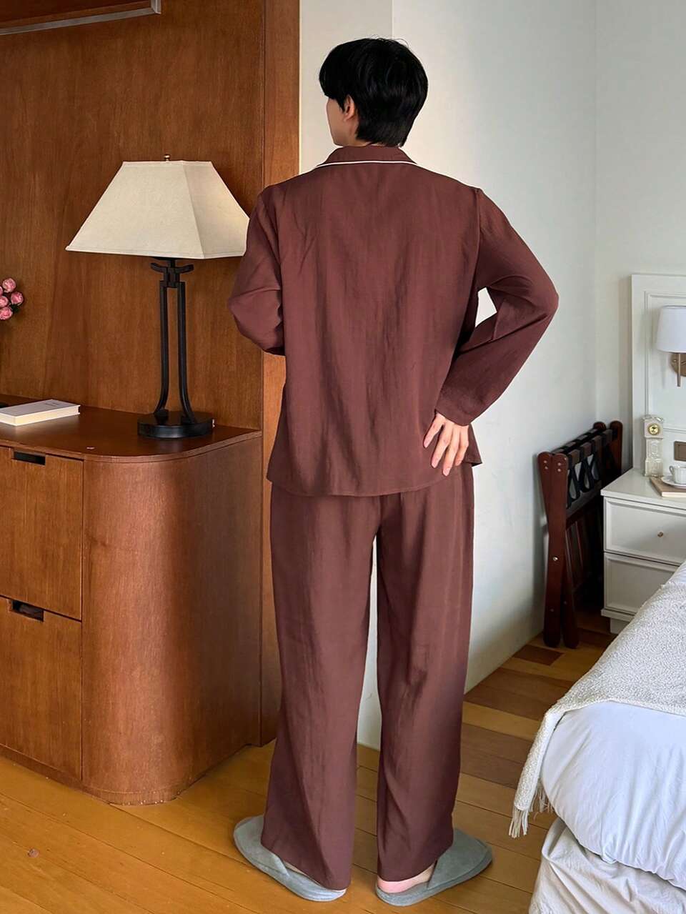 Burgundy Long Sleeve Shirt And Pants Men's Pajama Set, Spring/Summer