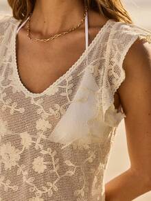 Aralina Lace Sheer Summer Spring Swim Vacation Beach Cover Up Mini Dress Ruffle Sleeve Sexy - Apricot - View 3