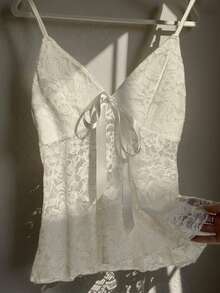 Lace Patchwork Knotted Solid Color Casual Camisole Top - White - View 6