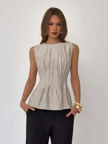 Aloruh 女士优雅通勤圆领收腰褶皱无袖衬衫 - 卡其色 - 查看 10