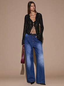 SHEIN BAE Autumn/Winter Women's Lace Sexy Deep V-Neck Sheer Hollow Out Ruffle Trim Long Sleeve Top, Wine Red, Suitable For Christmas, Halloween, Day Of The Dead - Black - View 3