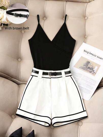 Franclia Women's Elegant Fitted Black Jumpsuit With Belt Contrast And White Shorts 2 Pieces Set