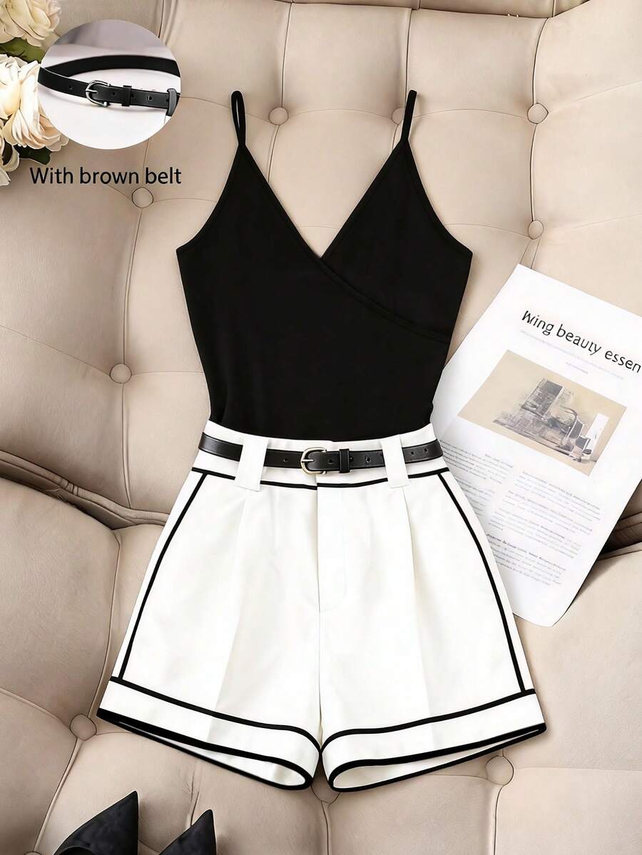 Franclia Women's Elegant Fitted Black Jumpsuit With Belt Contrast And White Shorts 2 Pieces Set - Black and White - View 1