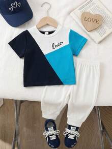 SHEIN Playful Pals 男婴字母印花撞色短袖T恤和裤子休闲套装 - 彩色 - 查看 5