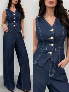 Firerie 女士V领单排扣修身背心和牛仔裤套装 - 深色水洗藍 - 查看 3