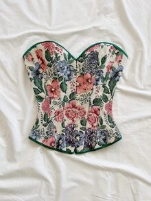 Soleia Áo croptop quây ngực kiểu cung đình cổ điển dành cho nữ, in họa tiết hoa jacquard nhiều màu sắc, có cúc và dây buộc phía sau. - Màu be - Xem 6