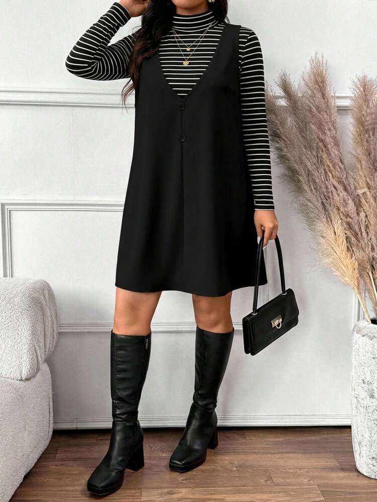SHEIN Frenchy Plus Size Striped Casual Long Sleeve Top And Solid Color Dress 2-Piece Set - Black and White - View 3