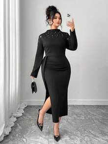 Elenzga 大码优雅修身珍珠装饰长袖连衣裙 - 黑色 - 查看 6