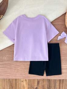 SHEIN 女婴休闲时尚街头卡通女孩乐队图案圆领短袖T恤和短裤套装，适合春夏穿着 - 彩色 - 查看 2