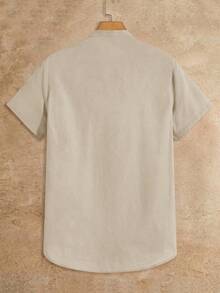 HIMLAND 简约素雅短袖衬衫，夏季时尚杏色男士衬衫，男士短袖纽扣亚麻男装，棕褐色纽扣衬衫，米色纽扣男装 - 卡其色 - 查看 2