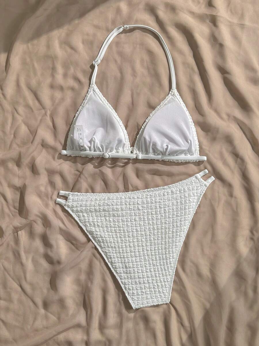 SHEIN 少女白色杏色针织纹理花卉装饰夏季沙滩系带露背吊带三角比基尼套装,夏季沙滩泳装 - 白色 - 查看 1