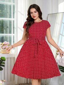SHEIN Clasi Plus Size Elegant Burgundy Summer Dress For Women,Vintage Heart Print Pleated Everyday Casual Outfit,Luxury Wedding Guest Party Prom Formal Dresses - Red - View 9