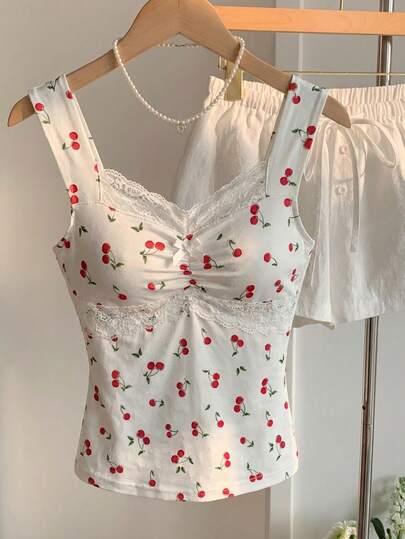 Comfortcana Women's Summer Fruit Cherry Contrast Lace Bow Decor Knit Camisole Top, Fruit Cherry Vest, Suitable For Music Festivals, Vacation Season, Parties, Beach, Gatherings