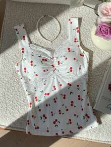 Comfortcana 女士夏季水果樱桃撞色蕾丝蝴蝶结装饰针织吊带背心，水果樱桃吊带衫，适合音乐节、度假季、派对、海滩、聚会等场合。 - 彩色 - 查看 5