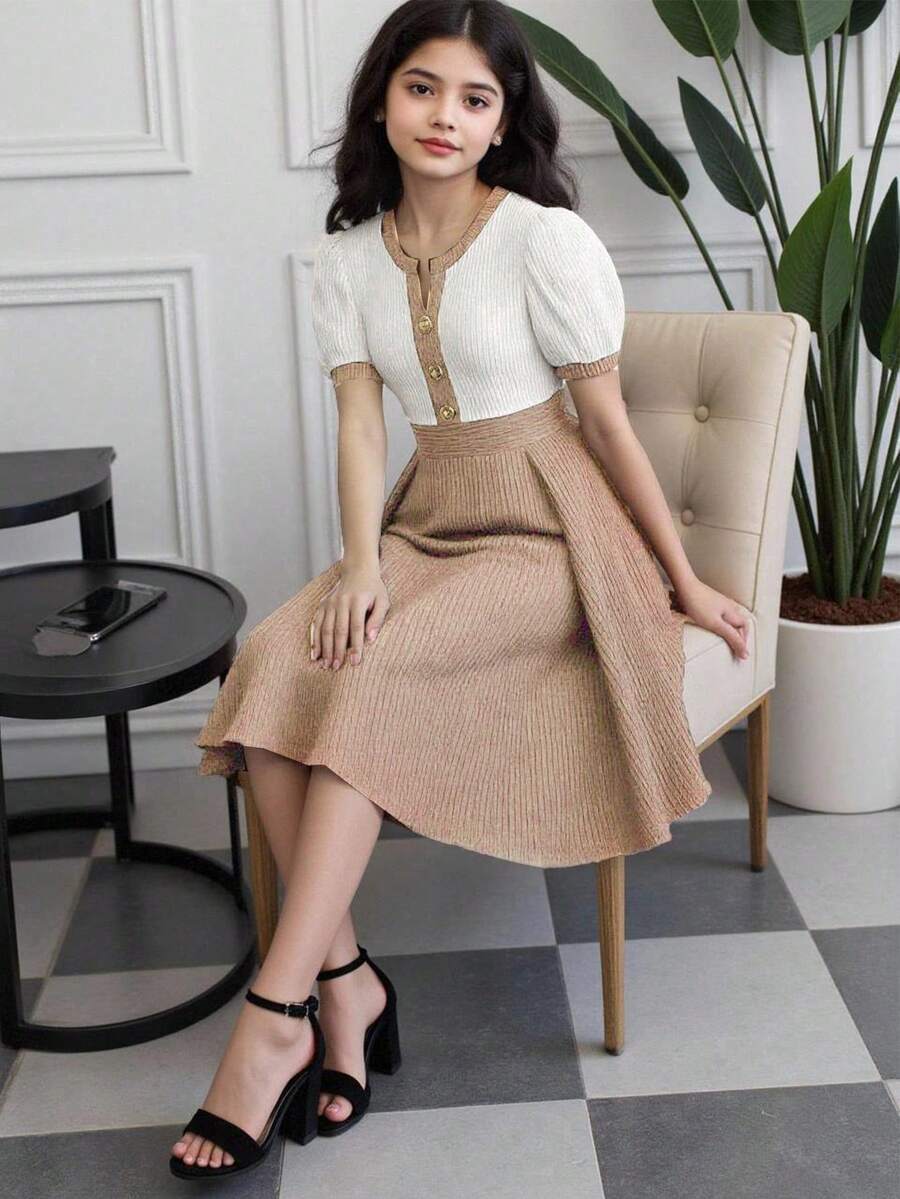 SHEIN 一件式女童秋冬优雅针织提花小V领连衣裙,金属扣装饰,拼接下摆,褶裥撞色设计,短袖款式,适合日常外出、休闲聚会和各种场合。 - 卡其色 - 查看 1
