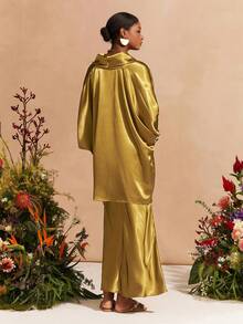 Zivah New Spring/Summer Commuter Elegant Loose Mustard Yellow Crossover Silhouette Top + Satin Skirt Women Two Pieces Set,Suitable For Valentine's Day , Dates, Party, Gatherings, Holidays, Vacation,Nomadic Style, Beach, Seaside,Concerts, Everyday Outings, New Year's, Revelry, Brunch Outfits, Wedding Guest Outfits, Wedding Season,Casual-A - Mustard Yellow - View 2