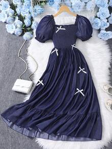 SHEIN 少女纯色泡泡袖蝴蝶结休闲夏日连衣裙 - 藏蓝色 - 查看 3