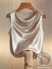 Franclia 女士优雅时尚简约百搭修身金属装饰垂褶领吊带背心，春夏款 - 香檳色 - 查看 1