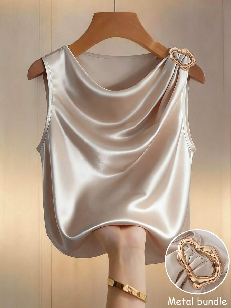 Franclia 女士优雅时尚简约百搭修身金属装饰垂褶领吊带背心，春夏款 - 香檳色 - 查看 1