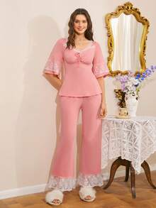 French Romantic Elegant Lace Patchwork Palace Style Long Sleeve Women Pajama Set - Dusty Pink - View 3