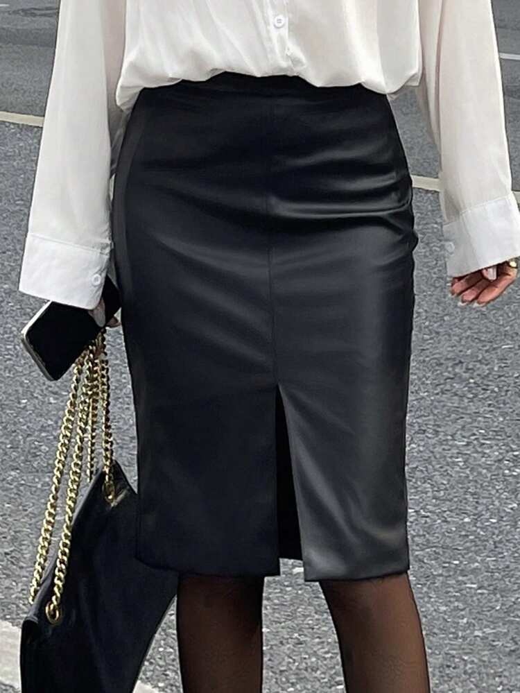 Women's Solid Color PU Leather Slit Hem Elegant Pencil Skirt