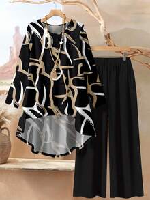 Rusticease 大码女式几何花卉印花两件套休闲装，宽松长袖上衣和裤子，适合秋冬季 - 黑色 - 查看 9