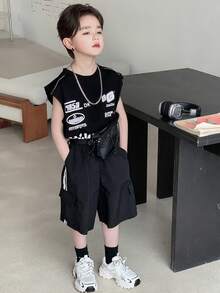 Dazy Kids 男童侧条纹工装口袋宽松短裤 - 黑色 - 查看 6