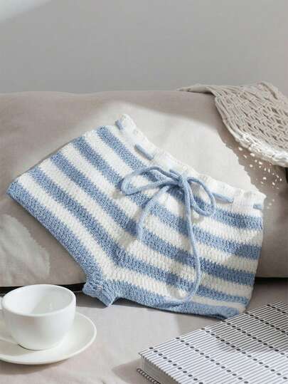 Comfortcana กางเกงขาสั้นถักลำลองลายทางเอวยางยืดสำหรับผู้หญิง