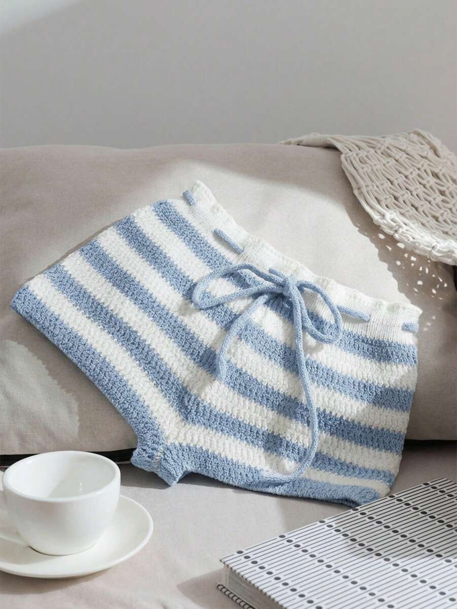 Comfortcana 女士抽绳腰带条纹休闲针织短裤 - 藍色 - 查看 1