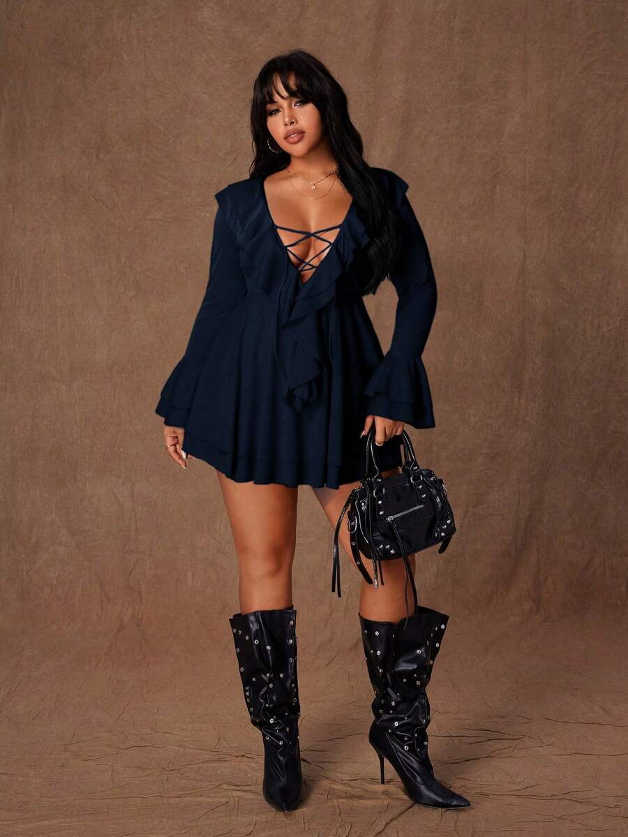 Rustia Sexy Ruffle Tie Strap Bodycon Mini Dress, Unique Design, Slimming Fit, Long Sleeve, Vacation Style - Blue - View 1