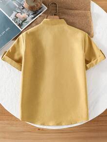 SHEIN 1pc Tween Boys' Stand Collar Gentleman Style Solid Blue Casual Short Sleeve Shirt, Spring/Summer - Yellow - View 2