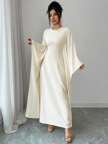 Rafferiza Vestido largo de mujer color albaricoque con cuello redondo decorado con perlas, mangas de murciélago conservadoras, adecuado para fiestas, festivales y banquetes - Albaricoque - Ver 5