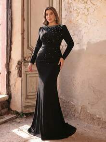 Aureia Đầm dạ hội cỡ lớn thanh lịch, lãng mạn, cổ tròn, eo xếp ly, đính ngọc trai, dáng đuôi cá, thích hợp cho đám cưới, tiệc tùng, lễ kỷ niệm, trang phục dạ hội (Thiết kế đính kết) - màu đen - Xem 4