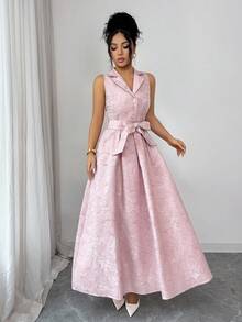 Elenzga 优雅无袖A字连衣裙，花卉提花面料，系带腰身，前开襟，修身剪裁，适合工作和休闲场合，春夏款 - 粉色 - 查看 5