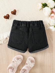 SHEIN 少女夏季休闲水洗做旧牛仔短裤 - 黑色 - 查看 2