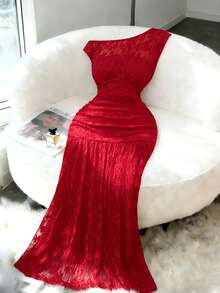 Elenzga 新款女士斜肩蕾丝针织连衣裙，带衬里，年轻优雅，适合情人节、圣诞节、派对等场合，修身百搭长裙 - 紅色 - 查看 3