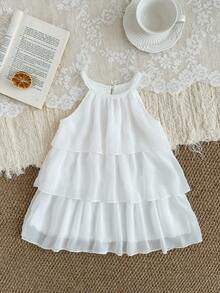 夏季女童无袖雪纺蛋糕裙，纯白色，甜美优雅，适合派对、宴会、婚礼、度假等场合。 - 白色 - 查看 4