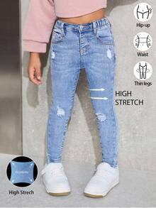 Young Girl' Blue Denim Ripped Skinny Jeans - Light Wash - View 1