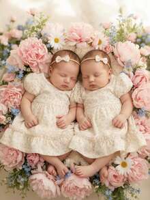 SHEIN 1pc /Baby Girl's Spring/Summer Vacation Style Outfit Bubble Short-Sleeved Pink Floral Print All-Over Apricot Woven Dress - Apricot - View 1