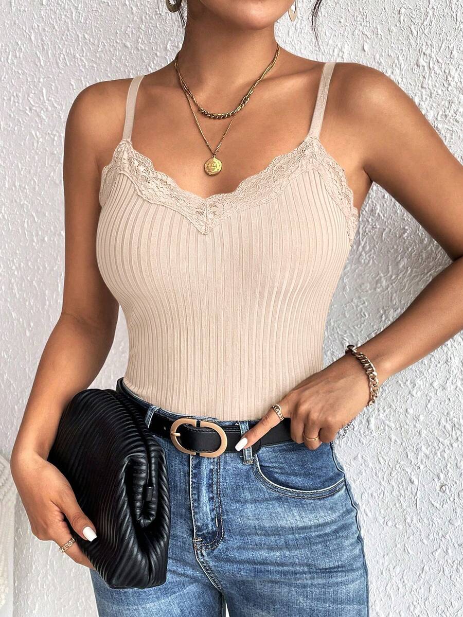 SHEIN Frenchy Contrast Lace Trim Cami V Neck Grain Fabric Top - Khaki - View 1