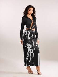 plantica Casual Sexy Urban Chic Minimalist Fashion Women's Black Printed Bodycon Long Sleeve Deep V Metal Buckle Structured Dress, Suitable For Outings, Travel, Dates, Parties, Holidays, Valentine's Day, Spring/Summer,Going Out,Sexy, Elegant,, Wedding Guest, Music Festival, Musician, Night Club - Black - View 6