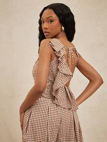 NYA SZN 女士格子圆领露背拼接荷叶边下摆无袖上衣 - 棕色 - 查看 5