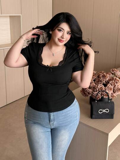 Vibekara 大码女装新款度假可爱蕾丝领蝴蝶结装饰拼接针织毛衣，罗纹修身长袖T恤外套，适合春夏穿着