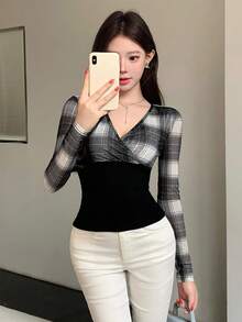 DAZY Women's Casual Plaid Patchwork Fitted T-Shirt, Spring/Autumn - Black - View 10