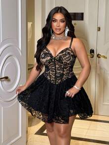 NU&NOW Women's Romantic, High-End, Casual, Young, Fashionable, Elegant Black Lace, Sexy, Knitted, Elastic, Grid Design Waist-Slimming, Minimalist, Commuting, Daily Wear, Slim, Versatile Dress, Suitable For Spring, Autumn, Winter - Black - View 2