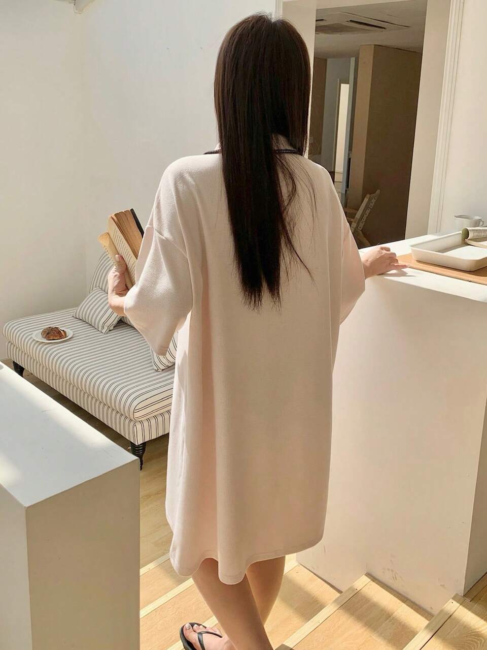Dazy Plus Plus Size Autumn Comfortable Cat Embroidery Front Button Loose Nightgown