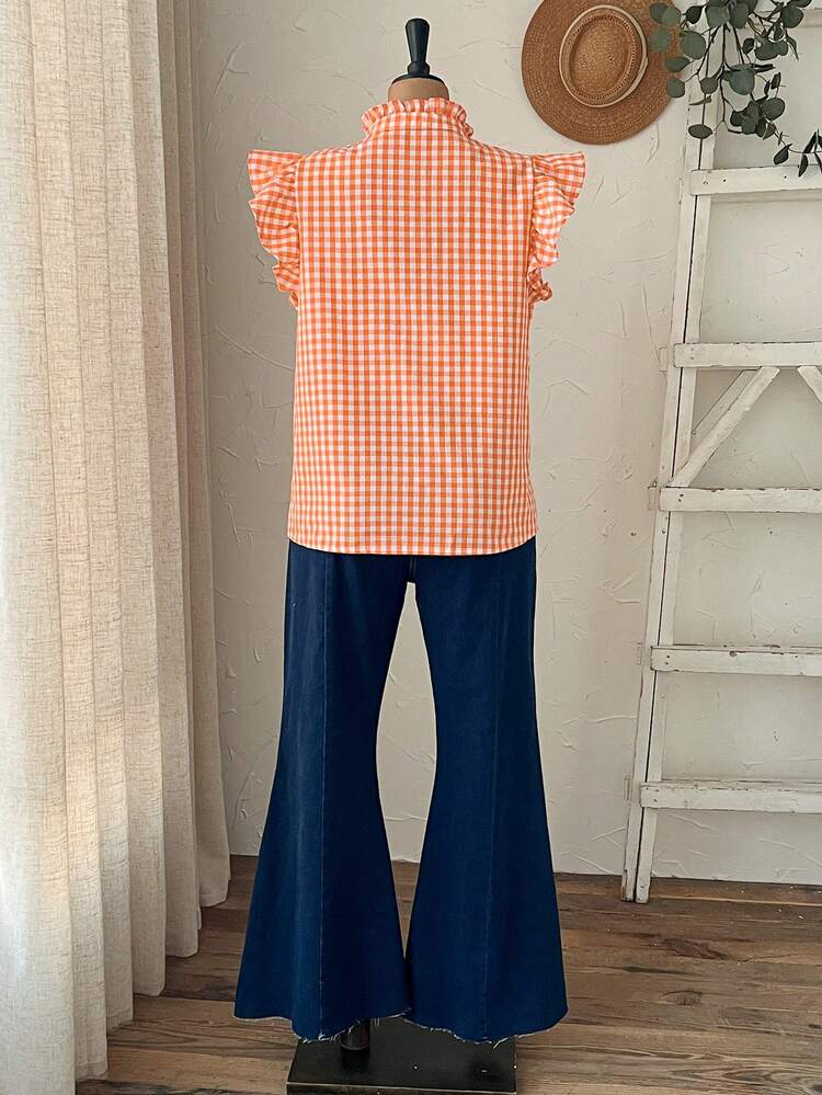 Plus Size Women Summer Casual Gingham Print Frill Trim Mock Neck Ruffle Armhole Blouse/ Vacation Summer Top Summer Spring Women Spring Country Style For Women